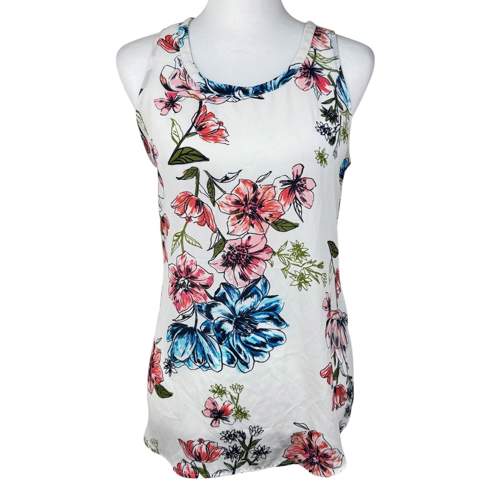 Van Heusen Watercolor Tropical Hawaiian Floral Sleeveless Blouse Tank Top Small